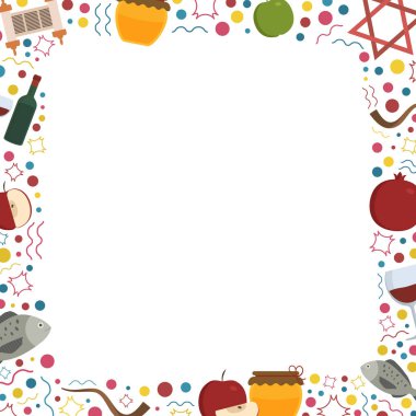 Rosh Hashanah tatil düz tasarım simgeler ile çerçeve. Şablon metin, arka plan üzerinde izole için yer ile.