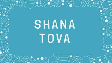 Rosh Hashanah tatil düz tasarım beyaz ince çizgi kutsal kişilerin resmi ile İngilizce 