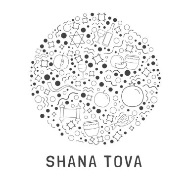 Rosh Hashanah tatil düz tasarım siyah ince çizgi Icons set yuvarlak şekli ile metin İngilizce 