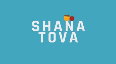 Rosh Hashanah tatil tebrik kırmızı elma ve bal kavanozu simgeler ve İngilizce metin 