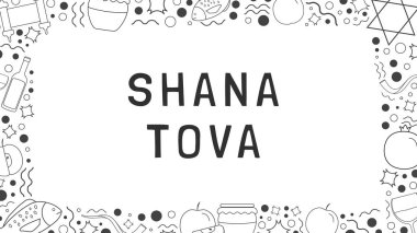 Rosh Hashanah tatil düz tasarım siyah ince çizgi kutsal kişilerin resmi ile İngilizce 