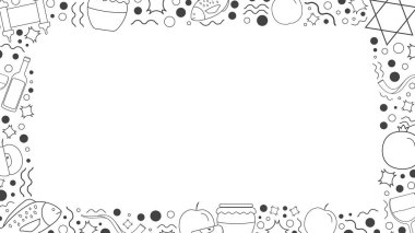 Çerçeve ile Rosh Hashanah tatil düz tasarım siyah ince çizgi kutsal kişilerin resmi. Şablon metin, arka plan üzerinde izole için yer ile.