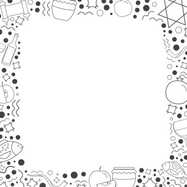 Çerçeve ile Rosh Hashanah tatil düz tasarım siyah ince çizgi kutsal kişilerin resmi. Şablon metin, arka plan üzerinde izole için yer ile.