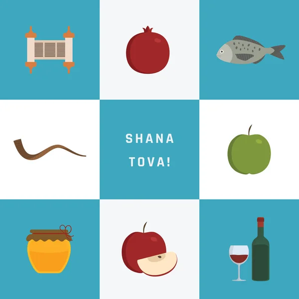 Rosh Hashanah Vakantie Platte Ontwerp Pictogrammen Instellen Met Tekst Engelse — Stockvector