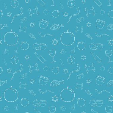Rosh Hashanah tatil düz tasarım beyaz ince çizgi simgeleri dikişsiz desen.