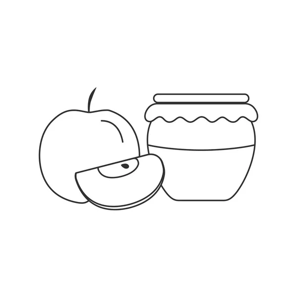 Jar Pictogram Zwarte Platte Omtrek Ontwerp Geheel Snijd Appels Honing — Stockvector