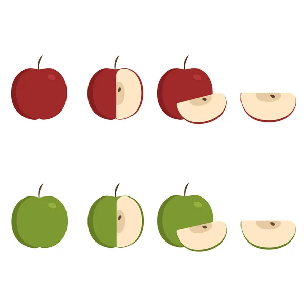 Green Red Apple Icons Set Flat Design Whole Half Slice — Stock Vector