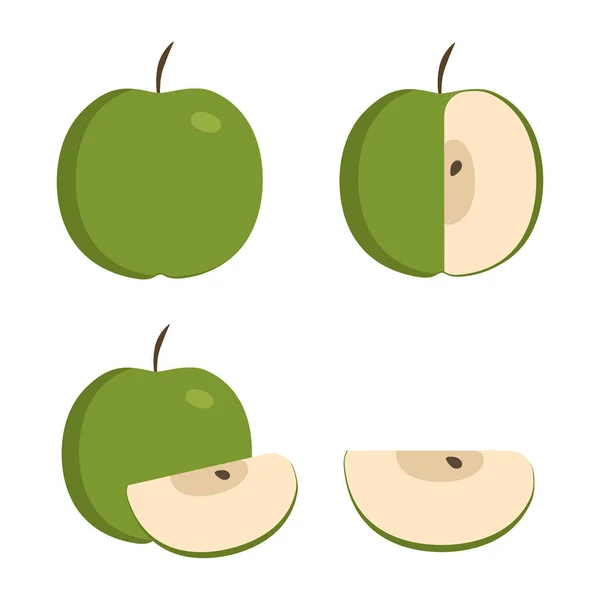 Iconos Manzana Verde Con Diseño Plano Manzanas Enteras Medias Rodajas — Archivo Imágenes Vectoriales