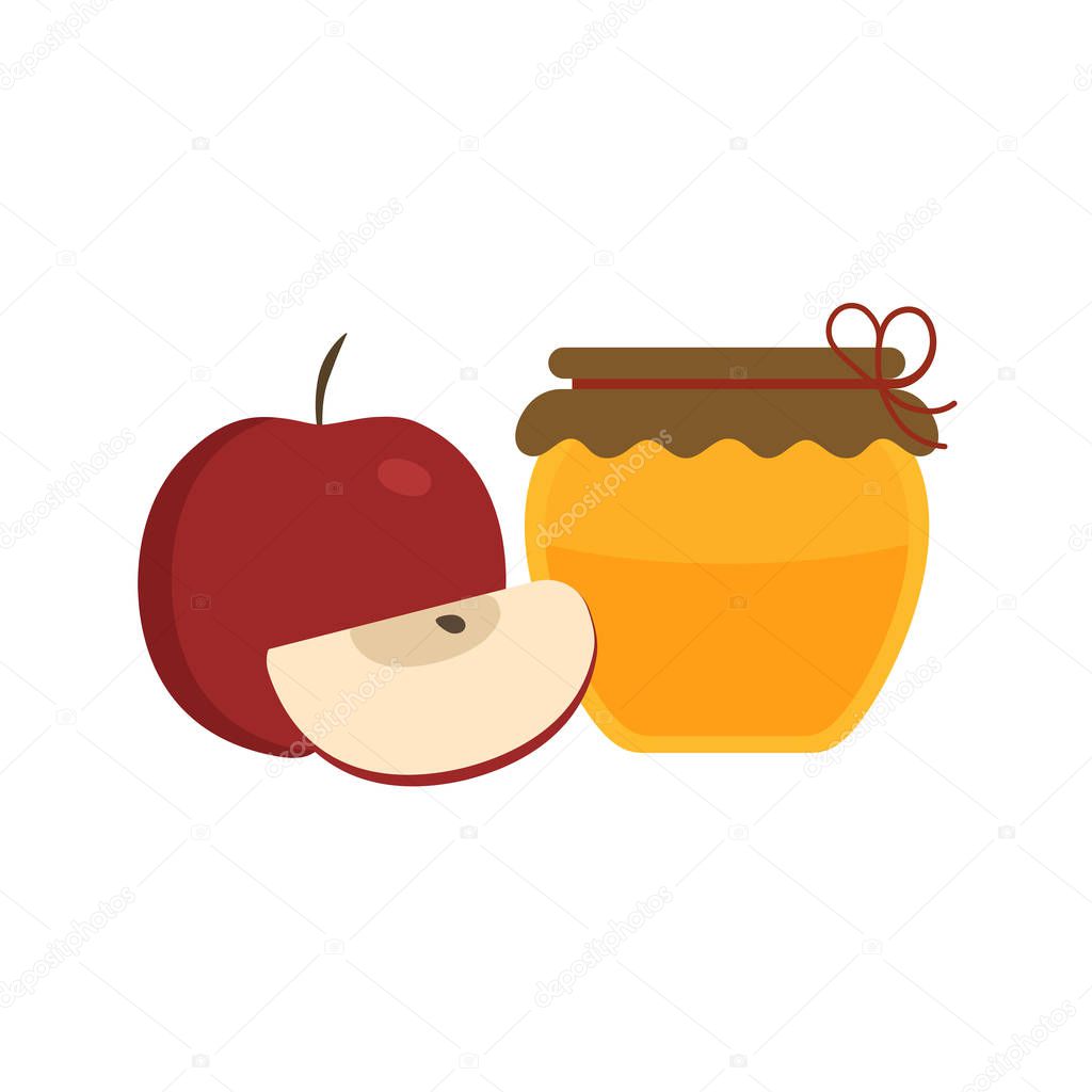 Whole and slice red apples and honey jar icon in flat design. Rosh hashana holiday sweet and happy concept.