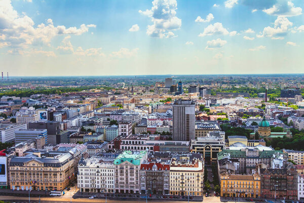 Aerial view of the Warsaw skyline buildings.