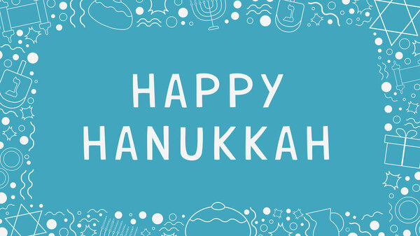 Frame with Hanukkah holiday flat design white thin line icons with text in english "Happy Hanukkah". Template with space for text, isolated on background.