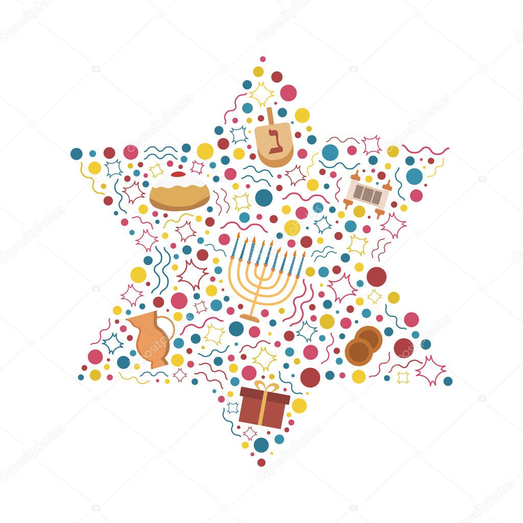Hanukkah holiday flat design icons set in star of david shape.