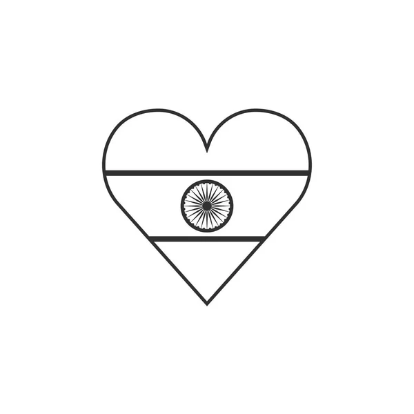 Ícone Bandeira Índia Forma Coração Design Plano Contorno Preto Dia — Vetor de Stock