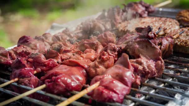 熱々のバーベキューグリルで様々な種類の肉の調理から放出される煙のシネマグラフ 閉じます 選択的焦点でループ — ストック動画