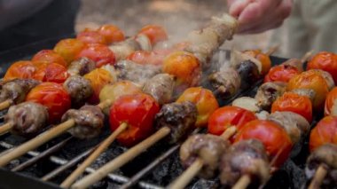 Sıcak barbekü ızgarasında domatesli ve soğanlı tavuk kalbi pişirmekten yayılan dumanın sineması. Kapat, seçici odaklı döngü.