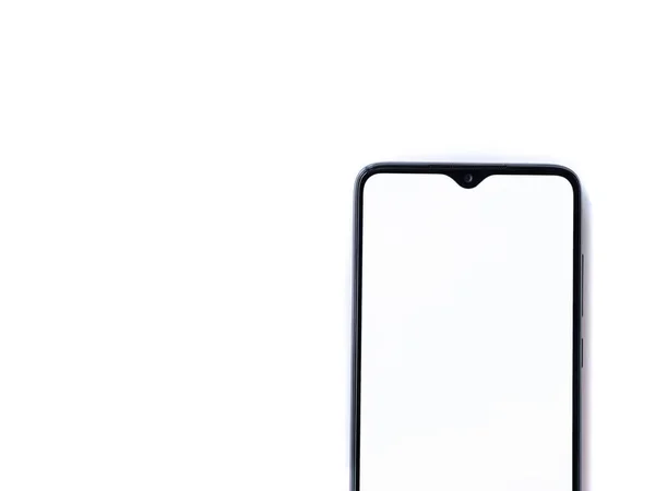 Mockup Smartphone Móvel Preto Encontra Superfície Com Tela Branco Isolado — Fotografia de Stock