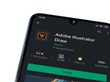 Lod, Israel - 8 Temmuz 2020: Adobe Illustrator Uygulama Oyun Mağazası sayfası beyaz arkaplanda izole edilmiş siyah bir cep telefonu görüntüsü. Üst görünüm düzlüğü kopyalama alanı ile yatıyordu.