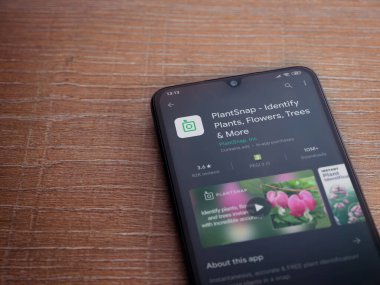 Lod, Israel - 8 Temmuz 2020: PlantSnap uygulaması oyun mağazası sayfası ahşap arka planda siyah bir cep telefonunun ekranında. Üst görünüm düzlüğü kopyalama alanı ile yatıyordu.