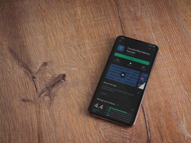 Lod, Israel - 8 Temmuz 2020: TransferWise uygulama oyun mağazası sayfası ahşap arka planda siyah bir cep telefonunun ekranında. Üst görünüm düzlüğü kopyalama alanı ile yatıyordu.
