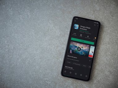 Lod, Israel - 8 Temmuz 2020: Hungry Shark Evolution uygulama oyun mağazası sayfası seramik taş zemin üzerinde siyah bir cep telefonu görüntüsü. Üst görünüm düzlüğü kopyalama alanı ile yatıyordu.