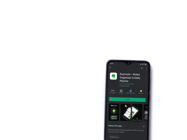 イスラエル ロッド2020年7月8日 Evernoteアプリストアページでは 白を基調とした黒いスマートフォンが表示されます コピースペース付きのトップビューフラットレイ — ストック写真