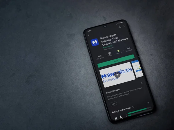 Lod, Israel - 8 Temmuz 2020: Malwarebytes Security uygulama oyun mağazası sayfası koyu mermer taşlı arka planda siyah bir cep telefonu sergilenmektedir. Üst görünüm düzlüğü kopyalama alanı ile yatıyordu.