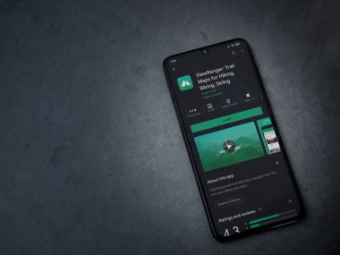 Lod, Israel - 8 Temmuz 2020: ViewRanger uygulama oyun mağazası sayfası koyu mermer taştan arka planda siyah bir cep telefonunun ekranında. Üst görünüm düzlüğü kopyalama alanı ile yatıyordu.