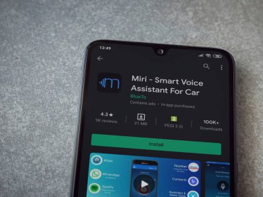 Lod, Israel - 8 Temmuz 2020: Miri uygulaması oyun mağazası sayfasında seramik taş zemin üzerinde siyah bir cep telefonu görüntüsü. Üst görünüm düzlüğü kopyalama alanı ile yatıyordu.