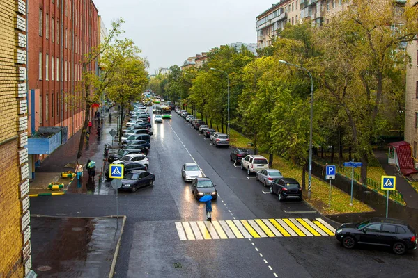 Sakin şehir caddesi Arabalar ve yayalar yağmurda