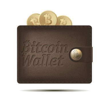 Bitcoin m-cüzdan ile beyaz arka plan üzerinde izole paralar. Tasarım öğesi iş projeniz için. Kahverengi ve sarı bitcoin. Vektör çizim