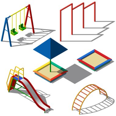 Nesneler için çocuk oyun alanları isometry. Swing, çocuk slayt, kum, yatay çubuk. İş projeniz için. Vektör çizim