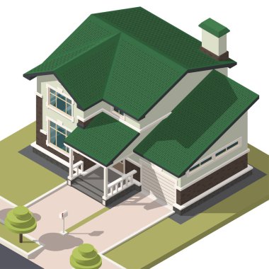 Aile evi izometri. Evin izometrik görüntüsü aşırı detaylı. Video oyunları ya da gayrimenkul reklamları için 3 boyutlu obje. İşiniz için. Vetor İllüstrasyonu