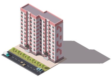Genel yerleşim dokuz katlı binada isometry. Ev ve arabalar izometrik görünümü. video oyunları veya Emlak reklam için 3D nesne. İşiniz için. Vetor illüstrasyon