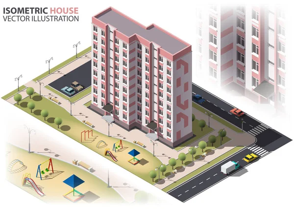 アイソ メトリック図法公共住宅の 階建ての建物 家や車の等角図で ビデオ ゲームや不動産広告の オブジェクトです あなたのビジネス Vetor — ストックベクタ