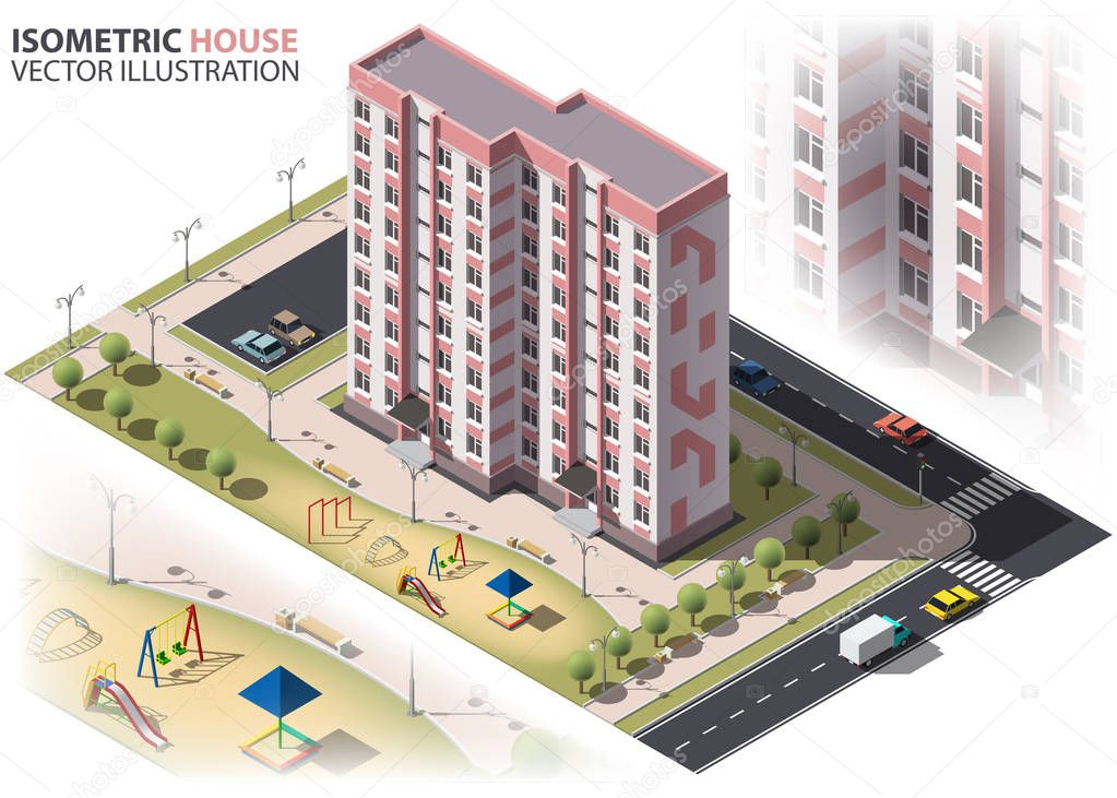 Public residential nine-storey building isometry. Isometric view of the house and cars. 3D object for video games or real estate advertising. For Your business. Vetor Illustration