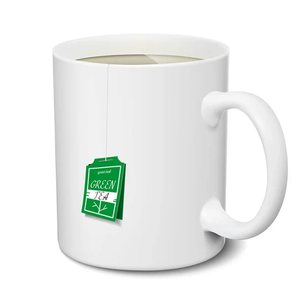 緑茶のマグカップ白いマグカップ現実的な隔離された3Dモックアップ — ストックベクタ
