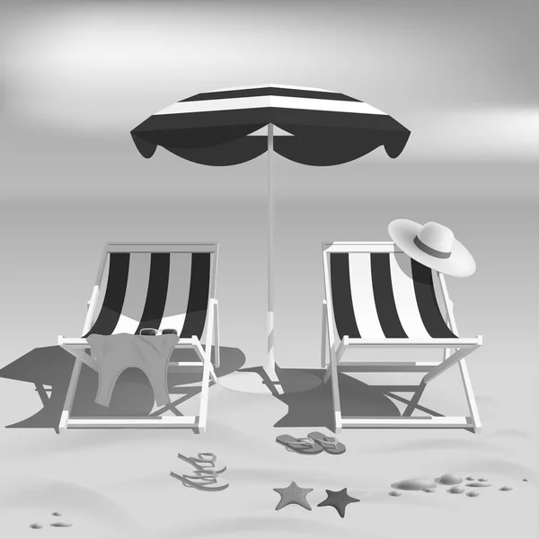 夏天。躺椅和沙滩伞。黑白照片 — 图库矢量图片