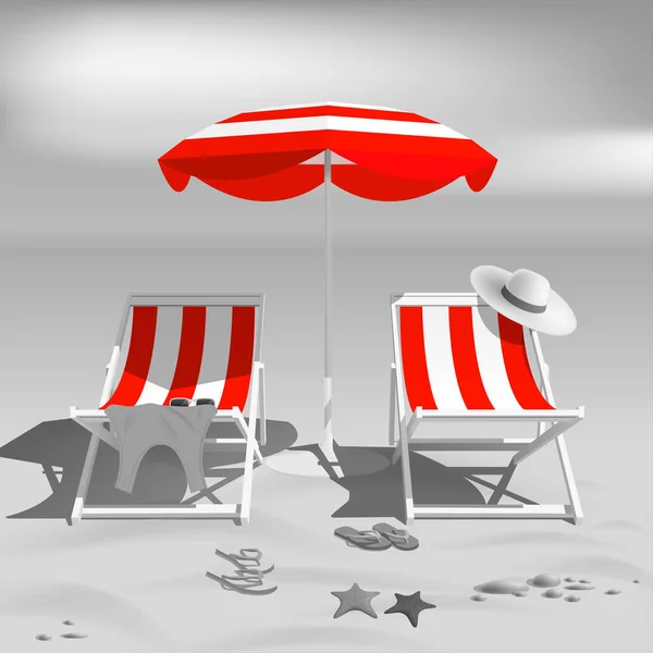 Summer. Recliners and Beach umbrella. Black and white photo — Stock Vector