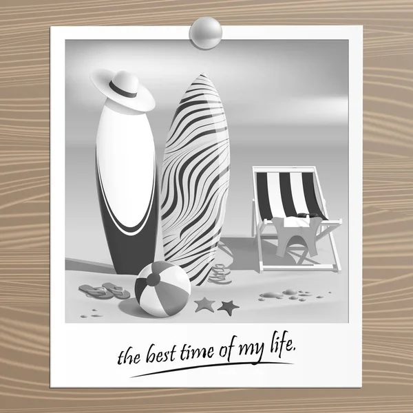 旧的黑白照片。夏天。冲浪板和沙滩球. — 图库矢量图片