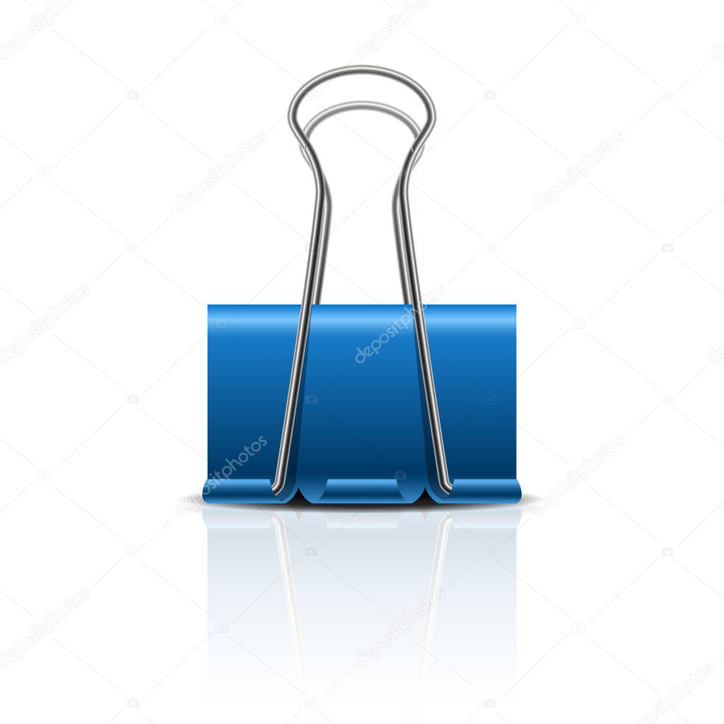 Realistic 3D blue paper clamp isolated on white background