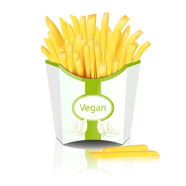 Pommes mit Packung auf weißem Hintergrund. Veganes Ernährungskonzept. — Stockvektor