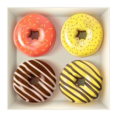 Kutu3d ayarlanmış sırlı renkli donutlar. Vektör İllüstrasyonu