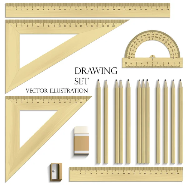 Çizim Seti, cetvel, protractor, kalemler, silgi — Stok Vektör