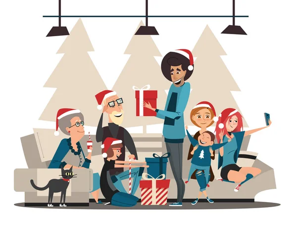 Família de Natal. Personagens familiares e Natal — Vetor de Stock