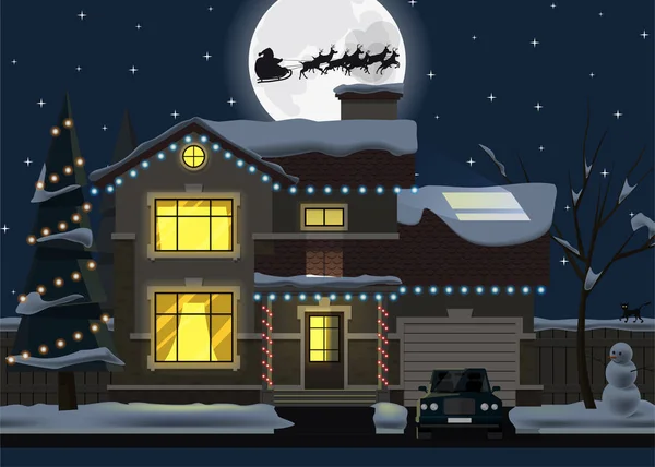 A casa da família na noite de Natal. Casa de inverno — Vetor de Stock