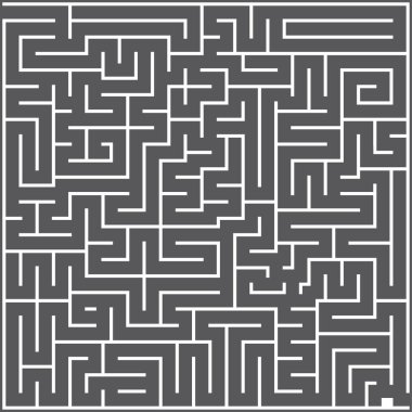 Koyu gri arka planda beyaz kare labirent manzarası. Klasik Maze oyunu. İş projen için gri labirent. İki çıkış labirenti. Vektör İllüstrasyonu