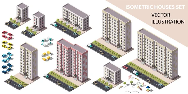 Gedung Gedung Perumahan Umum Isometri Ditetapkan Pandangan Isometric Rumah Dan - Stok Vektor