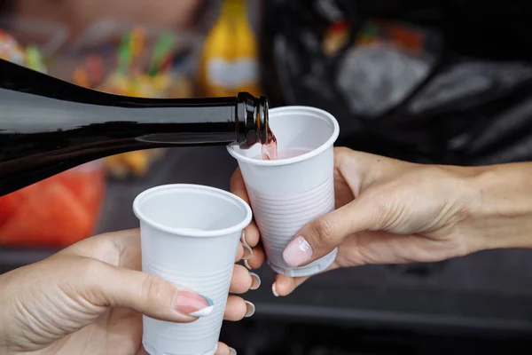 İki plastik bardak. Bir şişe şarap. Plastik çevre kirliliği için tehlikelidir. Açık havada bir tatil.