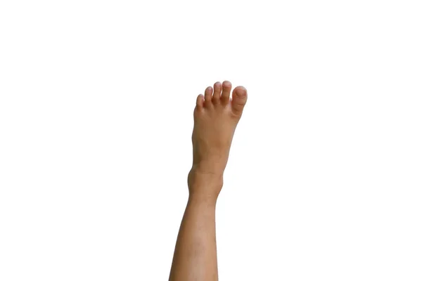 Ένα Κορίτσι Που Δείχνει Πόδια Πάνω Ένα Λευκό Φόντο — Φωτογραφία Αρχείου