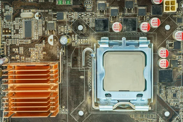 Los Componentes Placa Base Incluir Chip Socket Cpu Disipador Calor — Foto de Stock